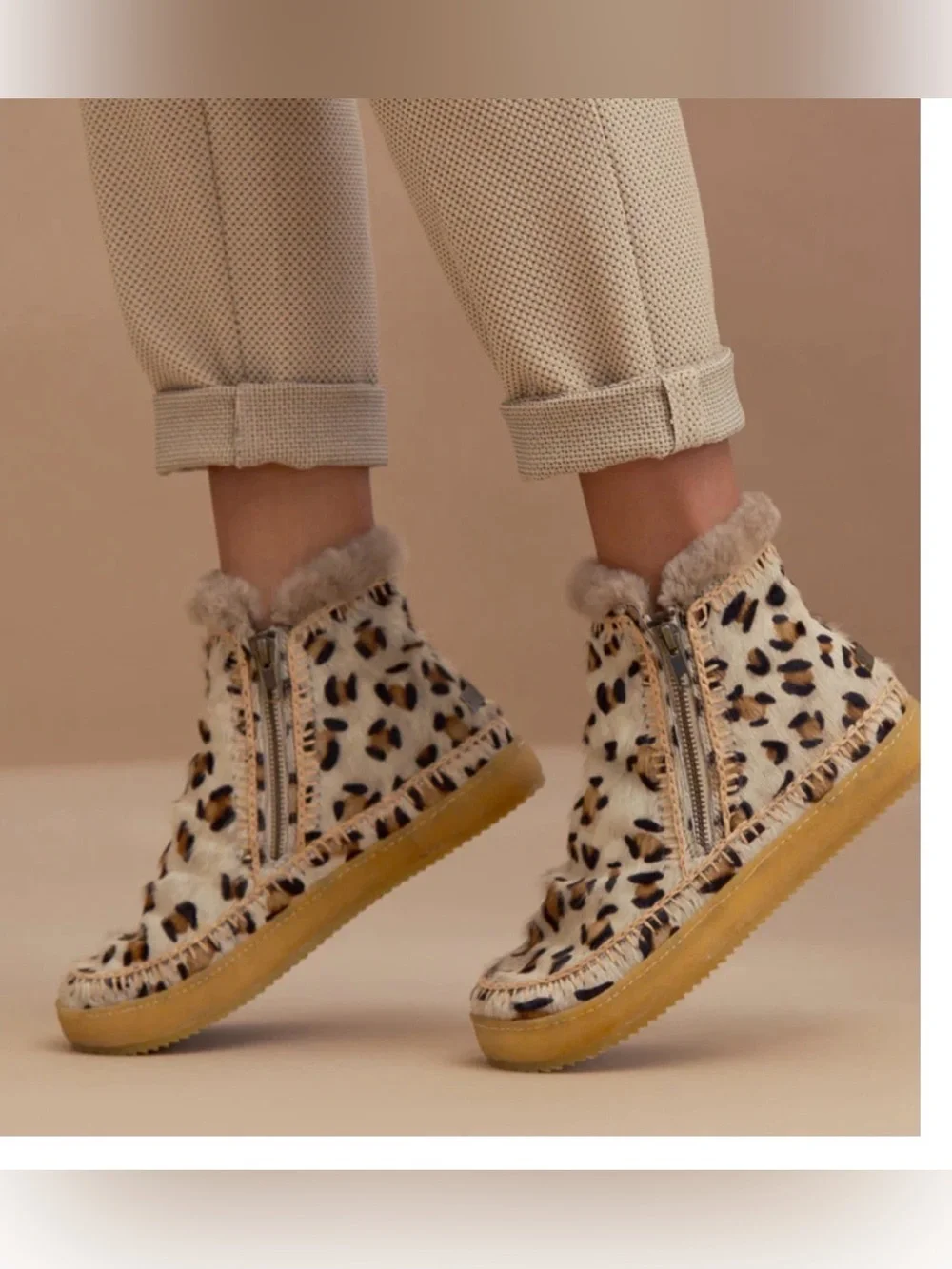 Laidback London Setsu Crochet Side Zip Ankle Boot Leopard Beige size 38